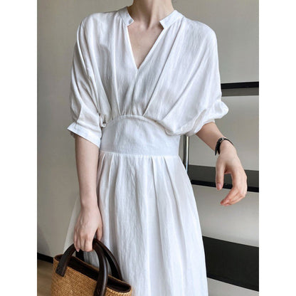 French Style Temperament Collar Waist-tight Slimming Slim Fit Long Dress For Vacation