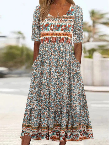 Women's Round Neck Short Sleeve Maxi Dress Bohemian Print Dress