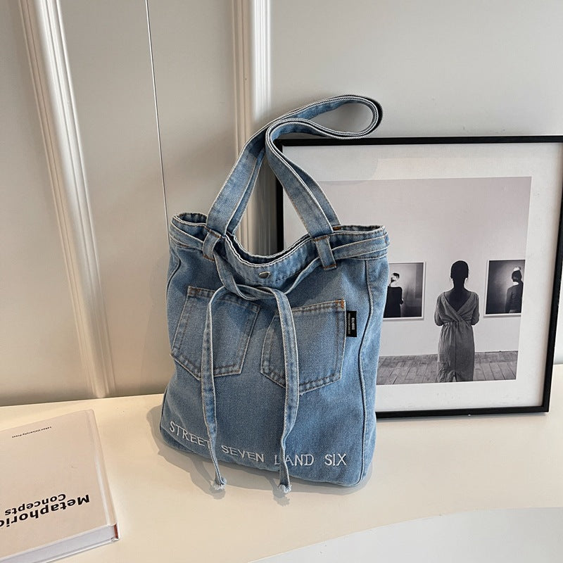 Washed Soft Denim Bag Letter Embroidery