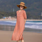 Washed Linen Embroidery Mid-sleeve Long Dress