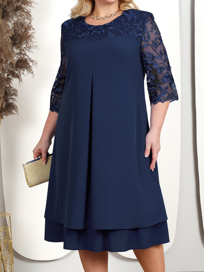 Women's Embroidered Chiffon Patchwork Round Neck Half-length Sleeve Dress