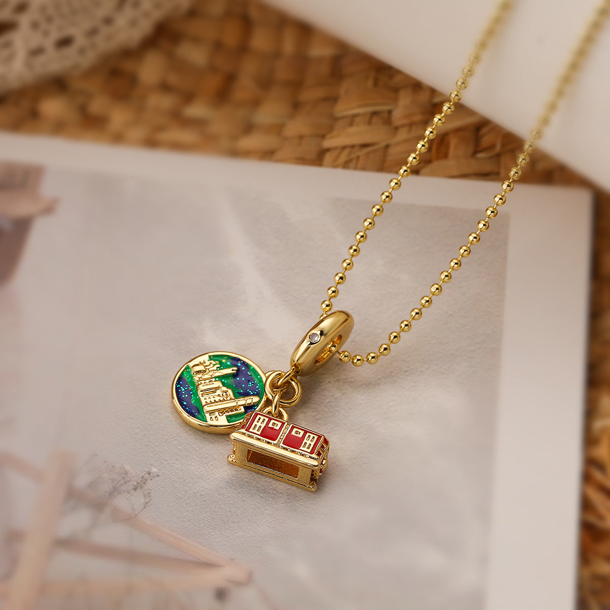 Creative Copper Gold Plated Zircon Camera Passport Pendant Necklace