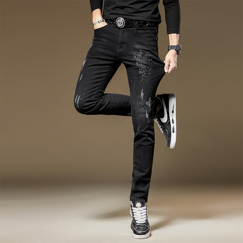 Embroidered Jeans Men's Slim Fit Ankle Tight Trousers