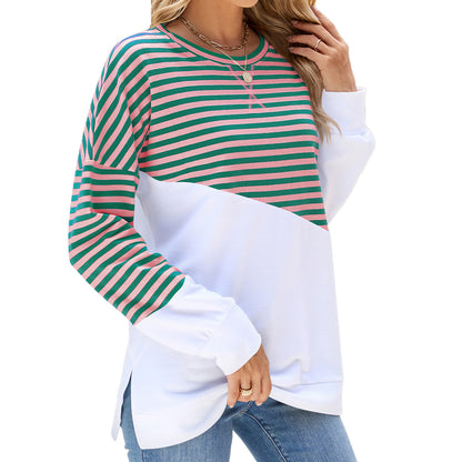 Striped Printed Long Sleeve T Shirt Fashion Casual Round Neck Pullover Split Design Women's Clothing