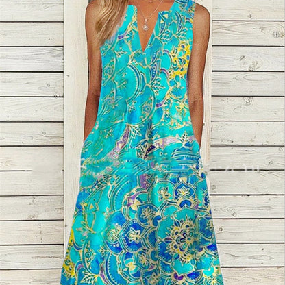 Women's Fashionable Printed Sleeveless V-neck Mid-length Loose Dress