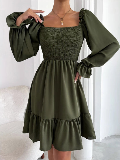 Flared Long Sleeve Dresses Women Square Neck Ruffled Swing Dress