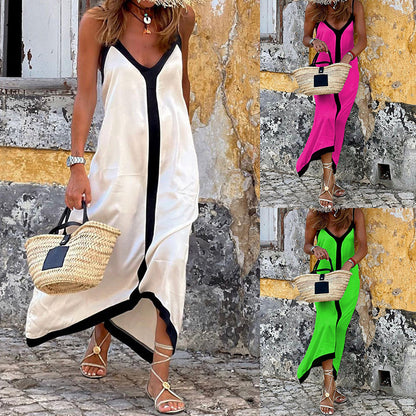 Women's Fashionable Casual Solid Color Spaghetti Straps Sleeveless V-neck Midi Dress