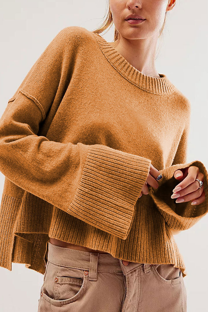 Solid Color Round-neck Flared Sleeves Pullover Sweater Fashion Sweater