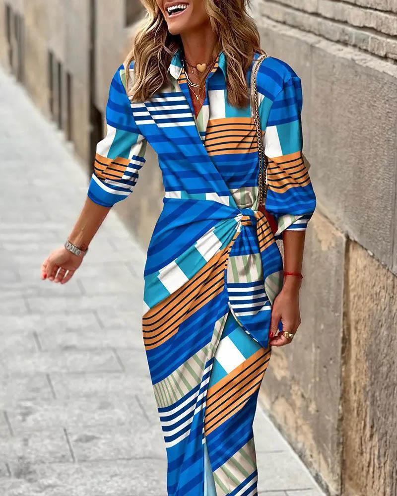 European And American Style Cardigan Lace-up Striped Printed Dress