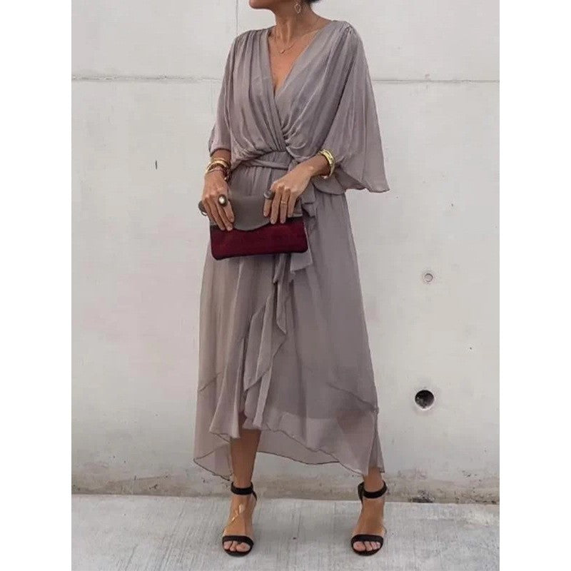 Batwing Sleeve V-neck Dress Summer Pure Color Tied Irregular Long Dresses Womens Clothing