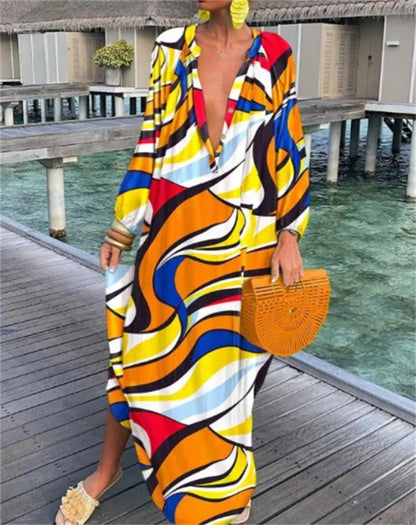 Printed Pullover Long Sleeve V-Neck Swing Loose Long Dress