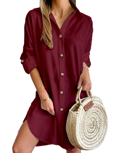 Autumn Leisure Long Sleeve Lapel Button Shirt Dress Womens Clothing