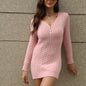 Slim Zipper V-Neck Long Sleeve Knit Dress Ins Fashion Solid Color Hip Dress Women's