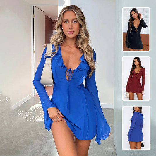 Sexy Ruffled V-neck Lace-up Long-sleeved Dress Fashion Y2K Skirt Slim Hip-covering Short Dresses For Womens Clothing