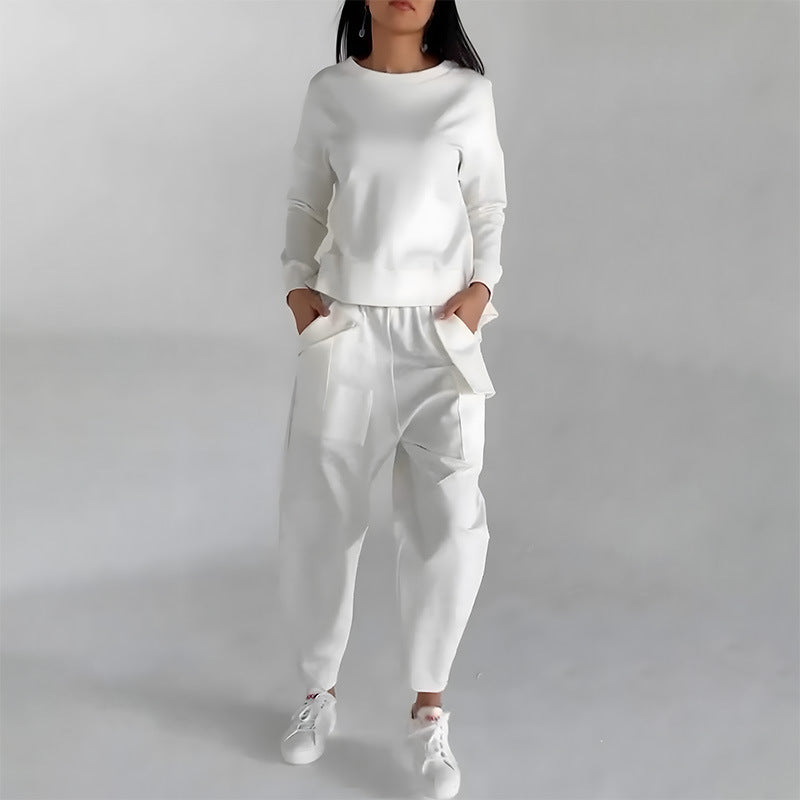 Solid Color Fashion Sweatshirt Long Sleeve Back Slit Top With Pockets Loose Trousers Women's Clothing