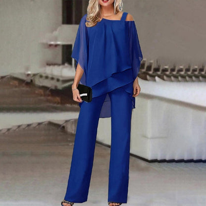 Solid Loose Irregular Suits Batwing Sleeve Top And Straight Trousers Outfits Womens Clothing