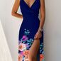 V-neck Slip Dress Low Cut Printed Slit Dress