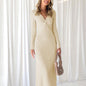 Slim V-neck Knitted Long Dress Fashion Sexy Long-sleeved Bow Dress Women's