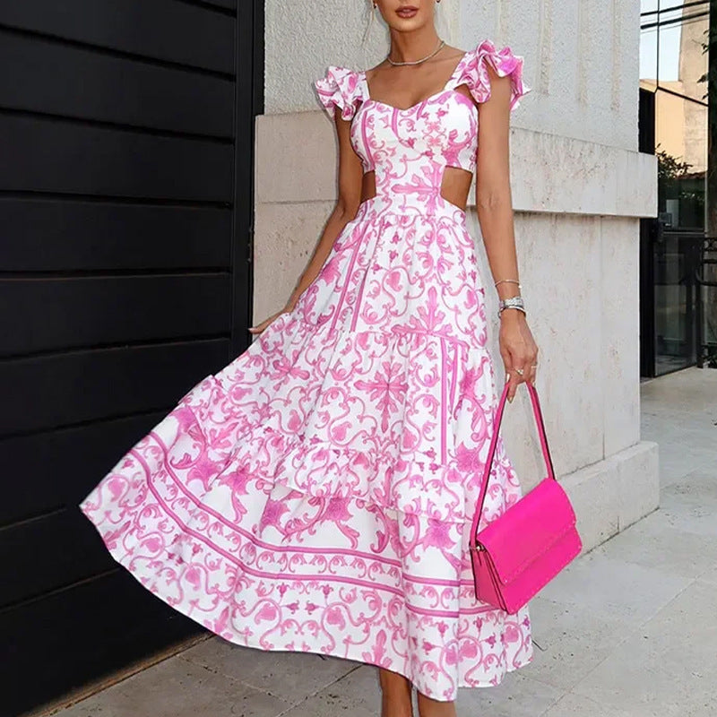 Summer Padded Shoulder Women's Printed Wear Hollow Length Dress