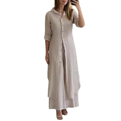 Urban Elegant Cotton And Linen Slim-fit Waist-tight Long Shirt Wide-leg Pants Suit