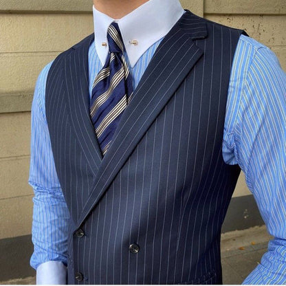 Men's Striped Suit Vest Italian Style Neapolitan Double Breasted Lapel Vest