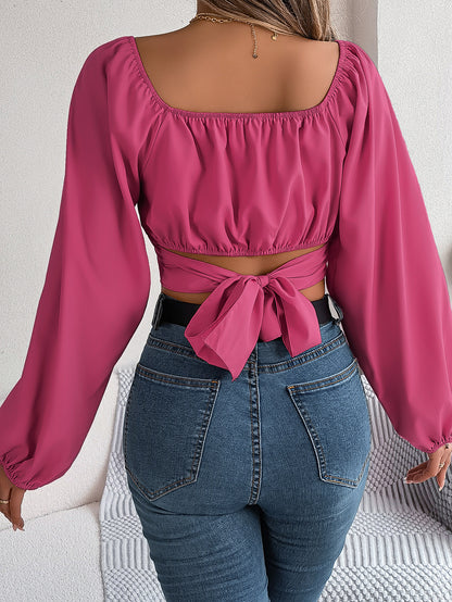 Leisure Lantern Sleeve Lace-up Waist Chiffon Shirt Midriff-baring Top