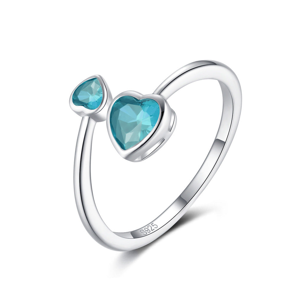 S925 Sterling Silver Ring Double-headed Cute Loving Heart Zircon Twelve-color Adjustable