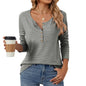 Round Neck Button Solid Color Striped Casual T-shirt Top