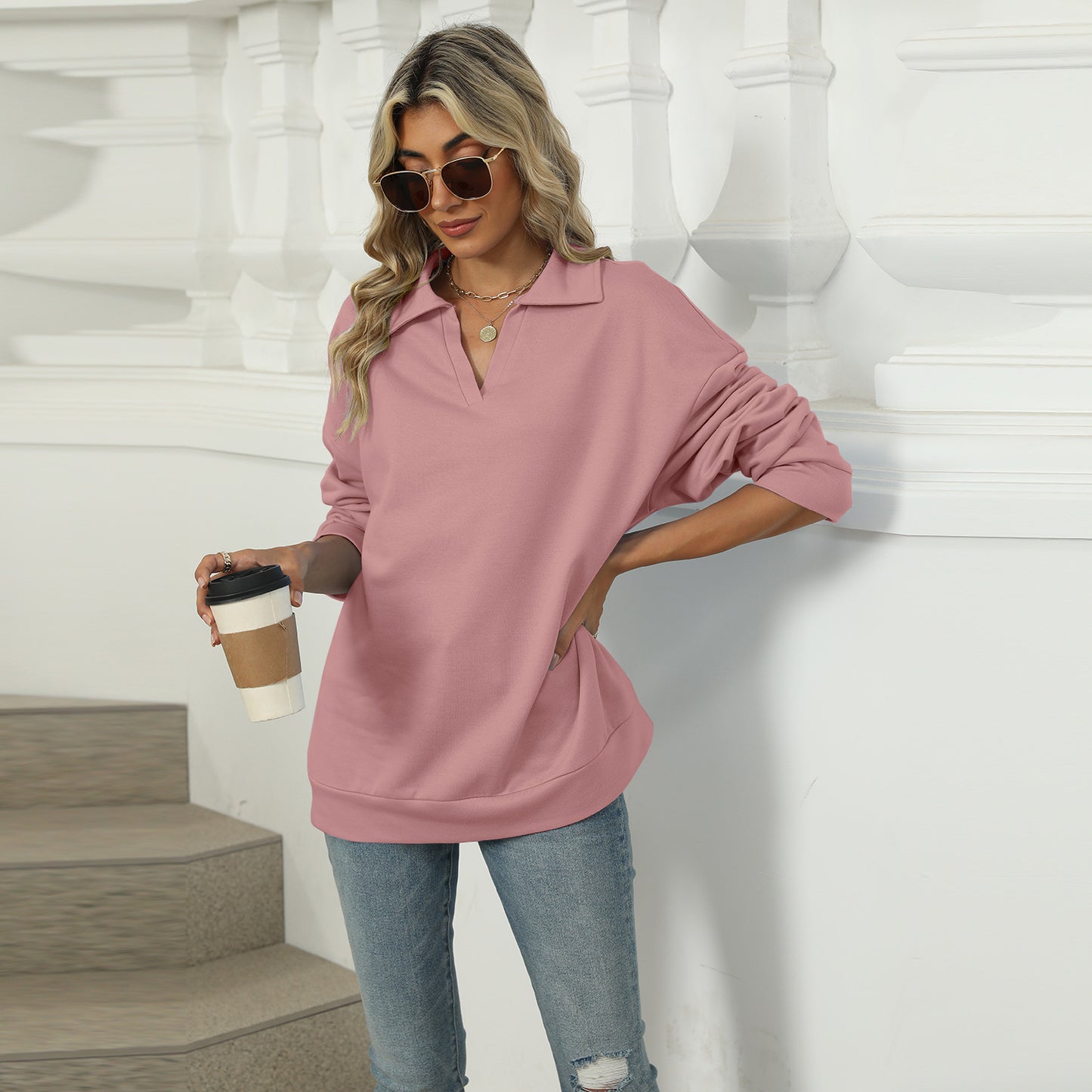 New Lapel V-neck Sweatshirt Fashion Casual Loose Solid Color  Long-sleeved Pullover Top For Womens Clothing