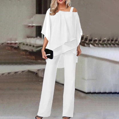 Solid Loose Irregular Suits Batwing Sleeve Top And Straight Trousers Outfits Womens Clothing