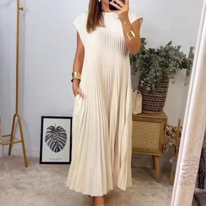 Short Sleeve Pleated Long Dress Summer Round Neck Dress Women's Clothing