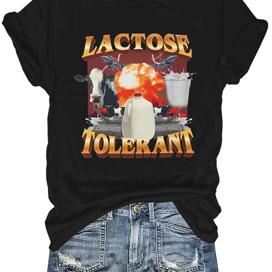 Lactose Tolerant Pattern T-shirt - Casual Round Neck T-shirt, Printed Design, Unisex Short Sleeved Knitted Fabric Top, Suitable For All Seasons