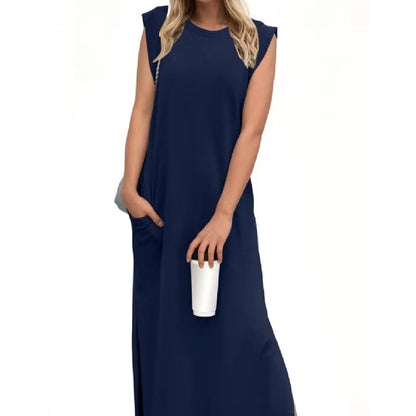 Summer Sleeveless Slit Dress With Pockets Casual Loose Long Dresses For Womens Clothing