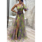 Mesh Tie-dye Printed Off-shoulder Slit Dress Summer INS Fashion Long Dress Party Womens Clothing