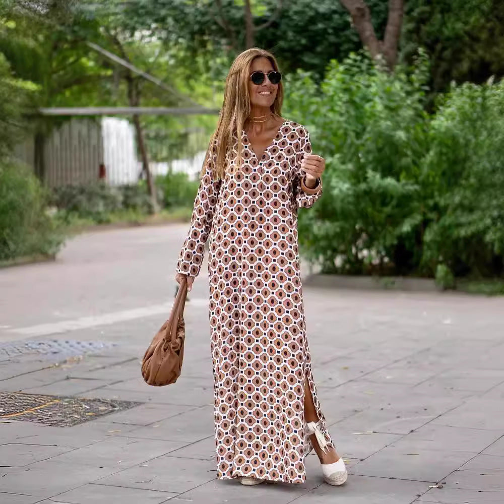 Summer Geometric Printed V-neck Long Dress Fashion Long Sleeve Slit Dresses For Women