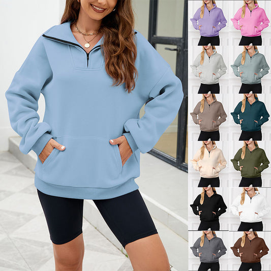 Y2K Solid Color Stand Collar With Pocket Zipper Sweatshirt Casual Sports Loose Top Women's Clothing