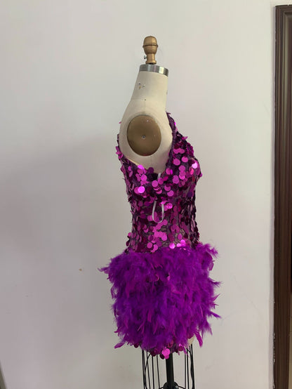 Purple Sequined Feather Skirt One-shoulder Sleeve Short Dress Luxury Party Stage Performance Dress