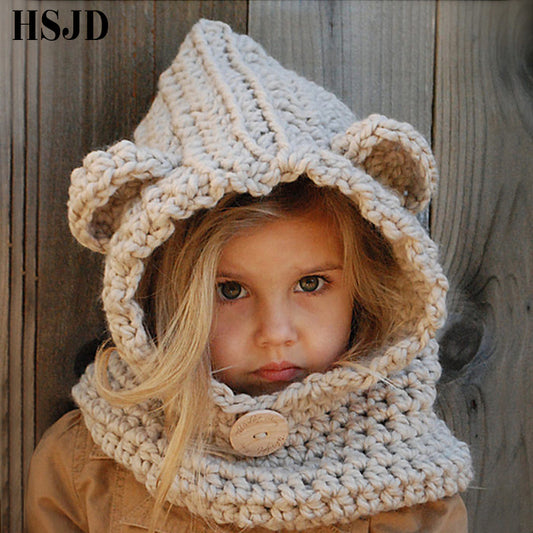 Girls Hats Handmade Kids Winter Hats Wrap Bear Scarf Caps Cute Autumn Children Cartoon Bear Knitted Hats