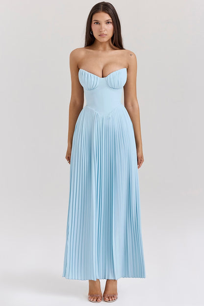 Blue Strapless Slimming Pleated Tight Dress