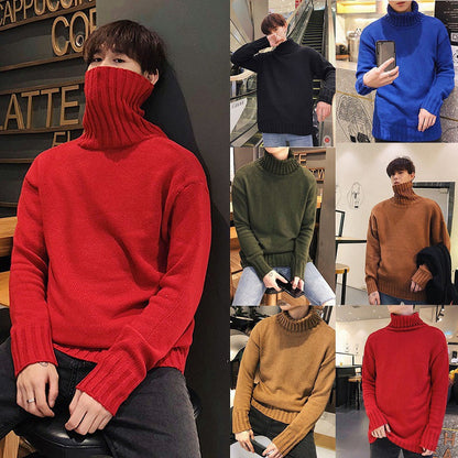 Mock Neck Sweater Male Shirt Teenagers Slim-fit Solid Color Knitwear Winter Warm