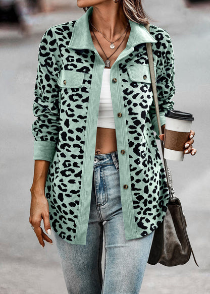 Leopard Print Shirt Coat Fashion Button Long Sleeve Jacket Women