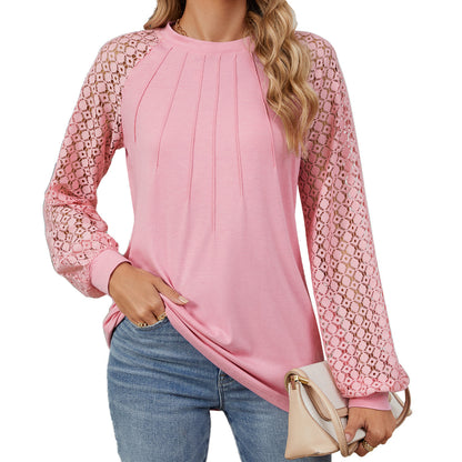 New Lace Long Sleeve Round Neck T-shirt Fashion Loose Solid Color Pullover Top For Womens Clothing