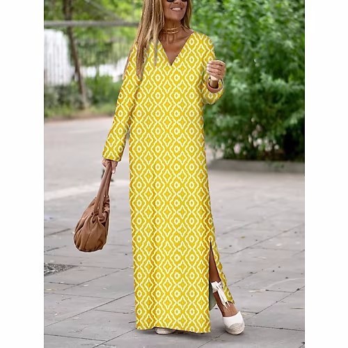 Summer Geometric Printed V-neck Long Dress Fashion Long Sleeve Slit Dresses For Women