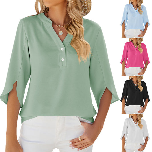 Button V-neck Mid-sleeve Chiffon Shirt Solid Color Top Womens Clothing