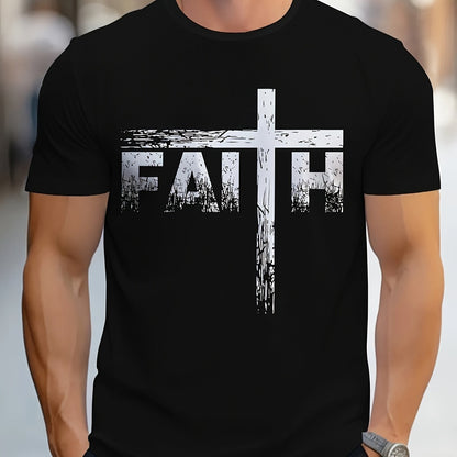 Men's Faith Pattern Printed T-shirt, Short Sleeved Round Neck T-shirt, Summer Outdoor Men's Clothing