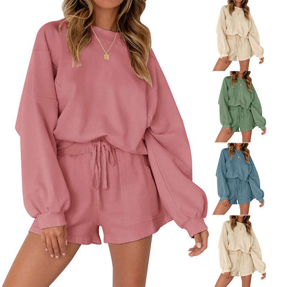 Casual Sports Sweatshirt Suits Loose Pullover Top And Drawstring Shorts Two-piece Set Womens Clothing